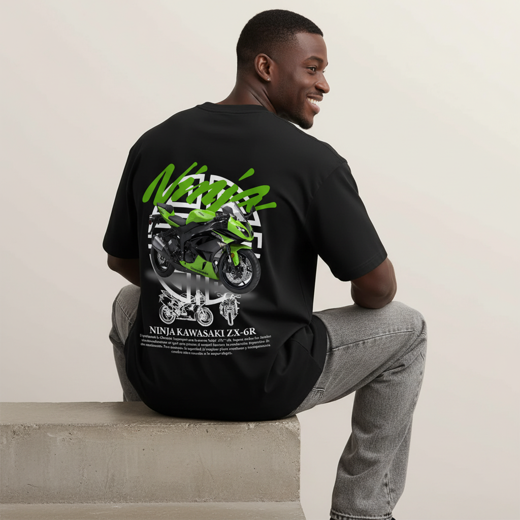 S2 - Model sitting on step with Ninja Kawasaki ZX-6R back print