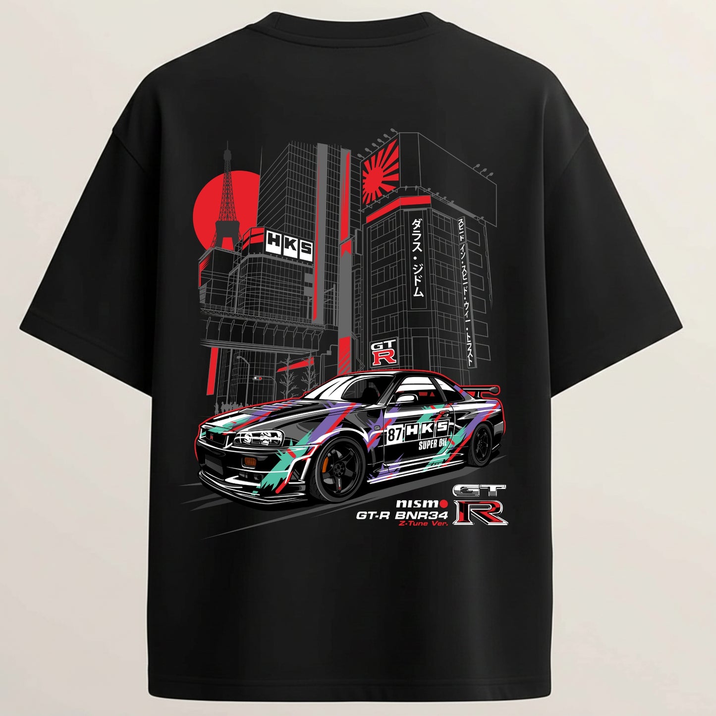 Nissan GTR French Terry Oversized 5-Sleeve T-Shirt - Midnight Black