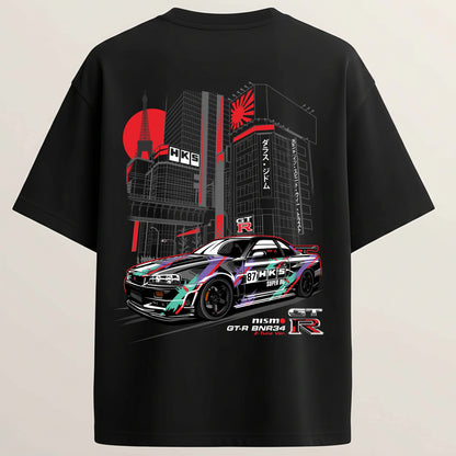 Nissan GTR French Terry Oversized 5-Sleeve T-Shirt - Midnight Black