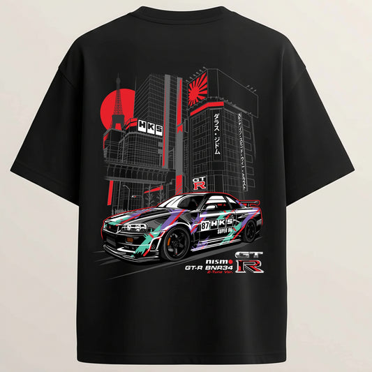 Nissan GTR French Terry Oversized 5-Sleeve T-Shirt - Midnight Black