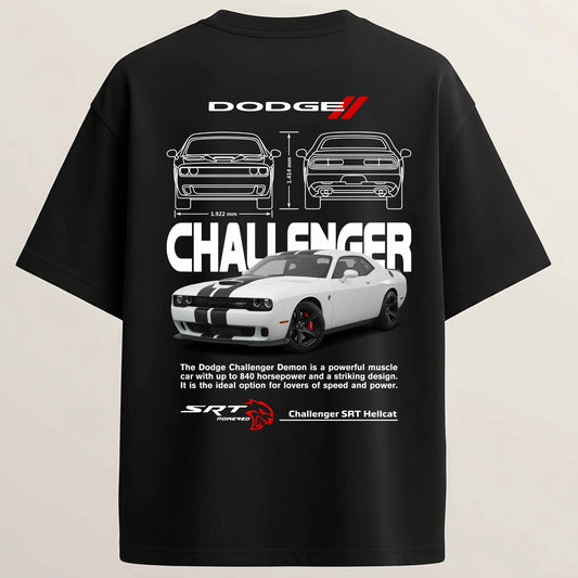 Dodge Challenger French Terry Oversized 5-Sleeve T-Shirt - Midnight Black