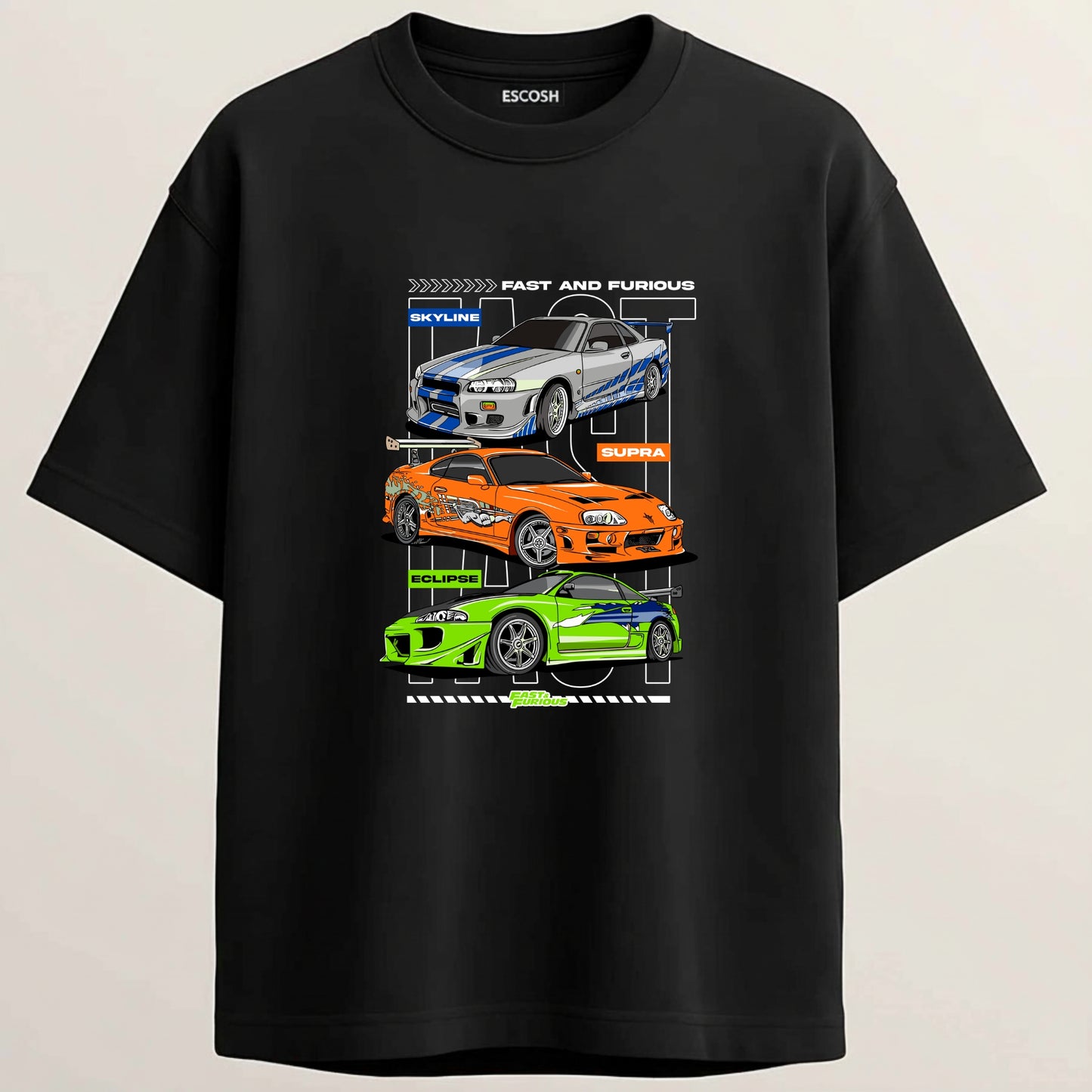 Fast And Furious French Terry Oversized 5-Sleeve T-Shirt - Midnight Black