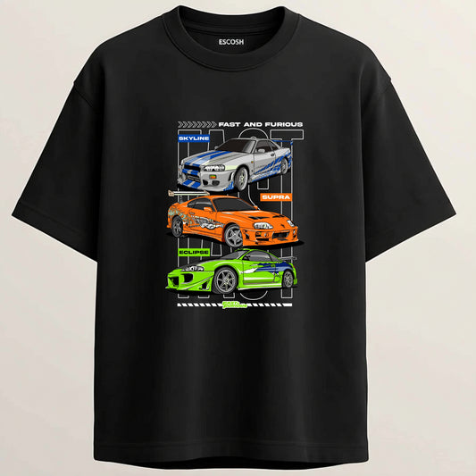 Fast And Furious French Terry Oversized 5-Sleeve T-Shirt - Midnight Black