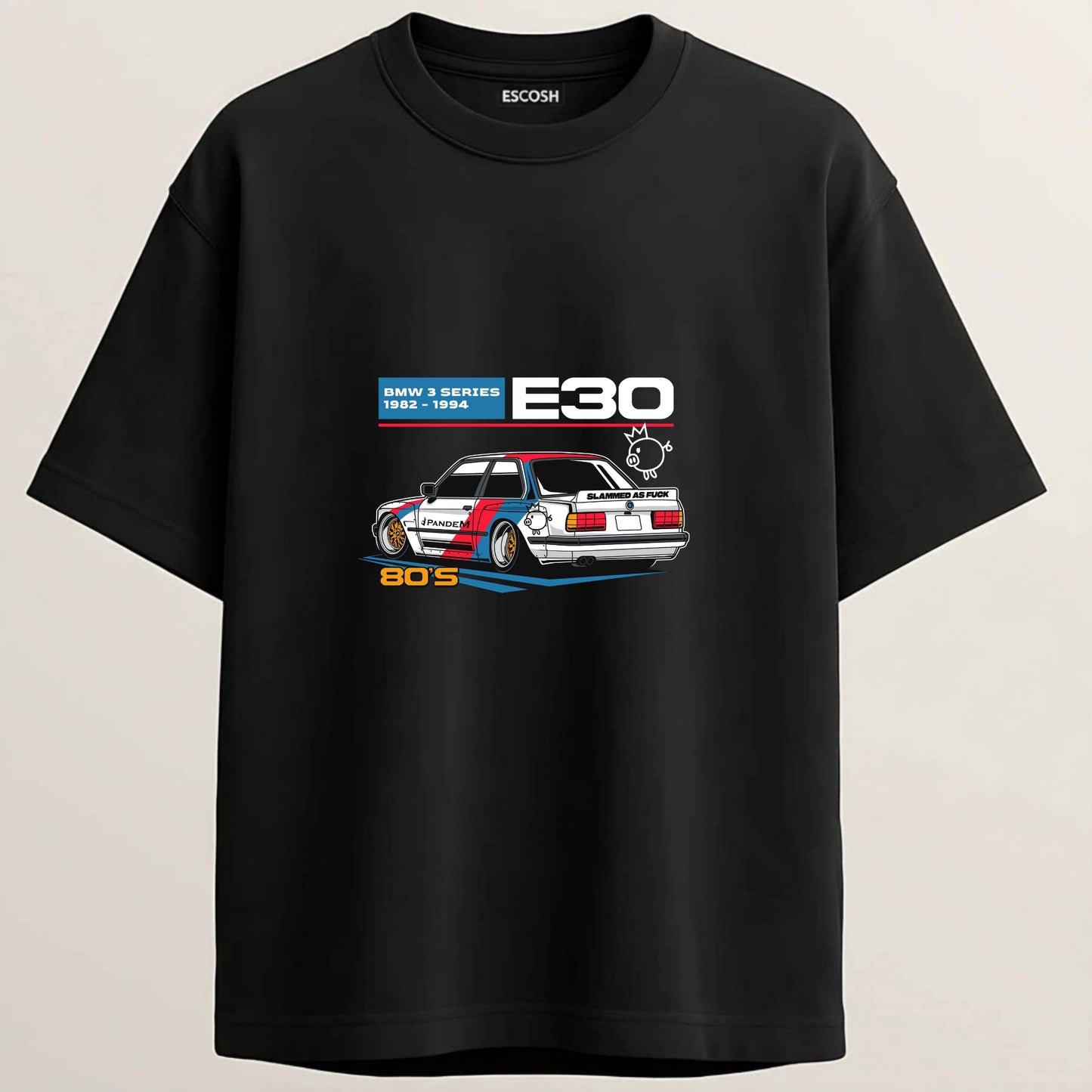 BMW E30 French Terry Oversized 5-Sleeve T-Shirt  - Midnight Black