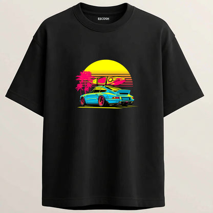 Porsche 911 French Terry Oversized 5-Sleeve T-Shirt  - Midnight Black