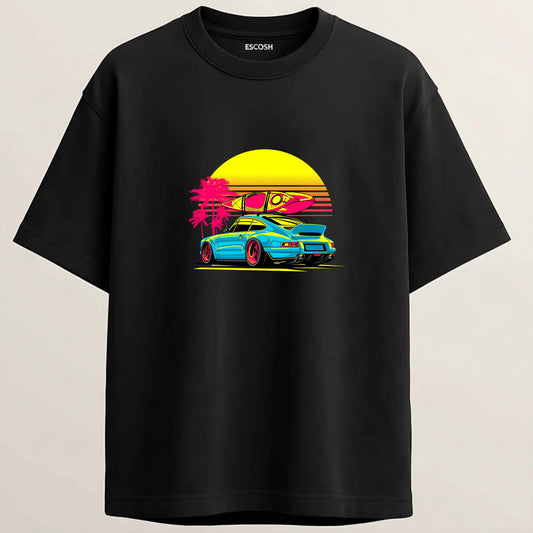 Porsche 911 French Terry Oversized 5-Sleeve T-Shirt  - Midnight Black