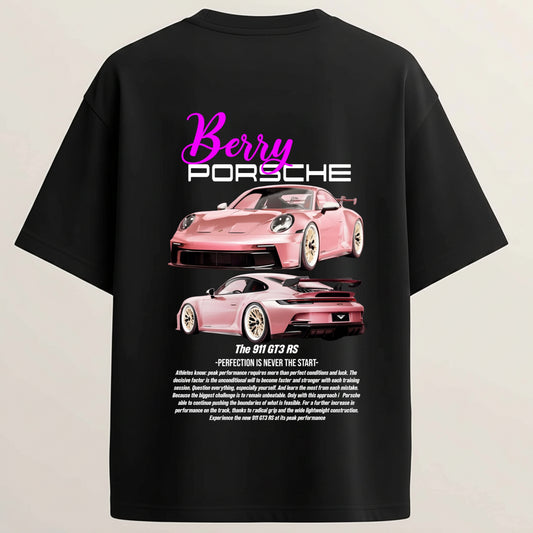 Berry Porsche French Terry Oversized 5-Sleeve T-Shirt - Midnight Black