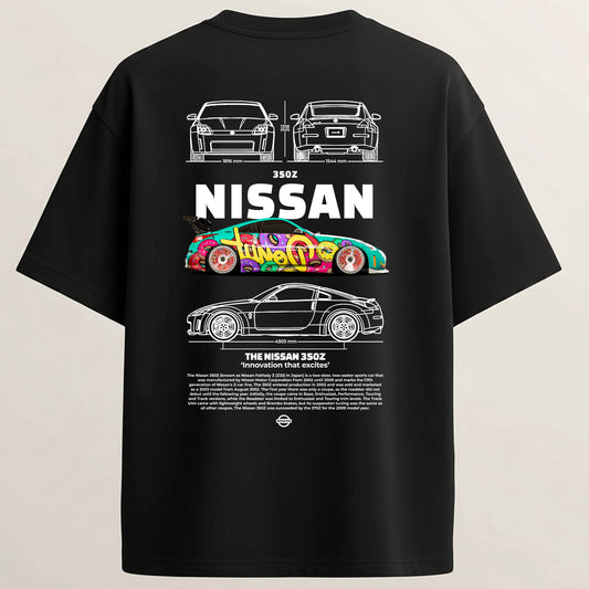 Nissan Turbo French Terry Oversized 5-Sleeve T-Shirt - Midnight Black