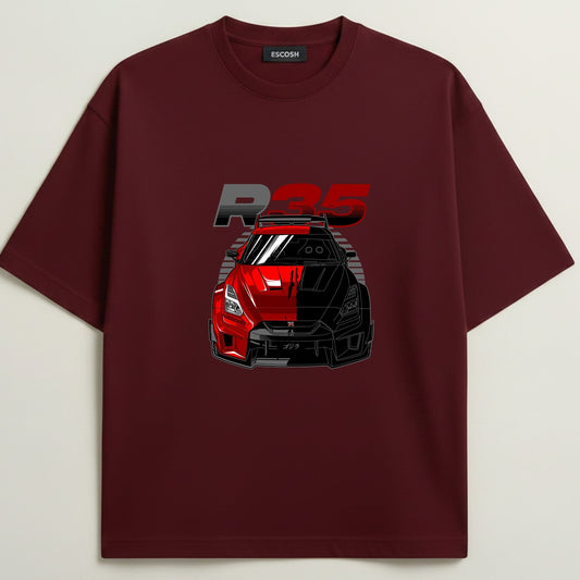 GTR R35 French Terry Oversized 5-Sleeve T-Shirt  - Royal Maroon