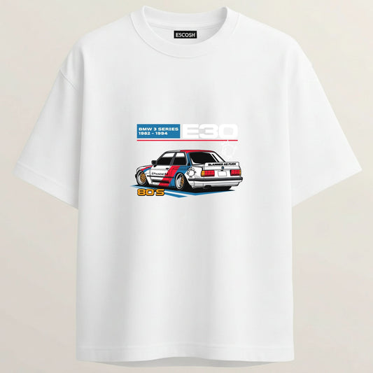 BMW E30 French Terry Oversized 5-Sleeve T-Shirt  - White