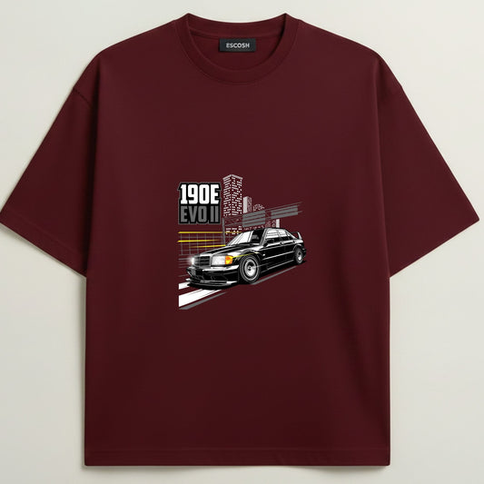 Benz 190E Oversized French Terry 5-Sleeve T-Shirt - Royal Maroon