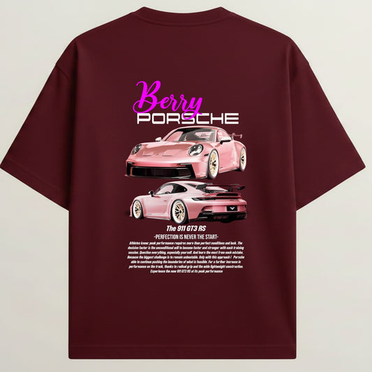 Berry Porsche French Terry Oversized 5-Sleeve T-Shirt - Roya Maroon