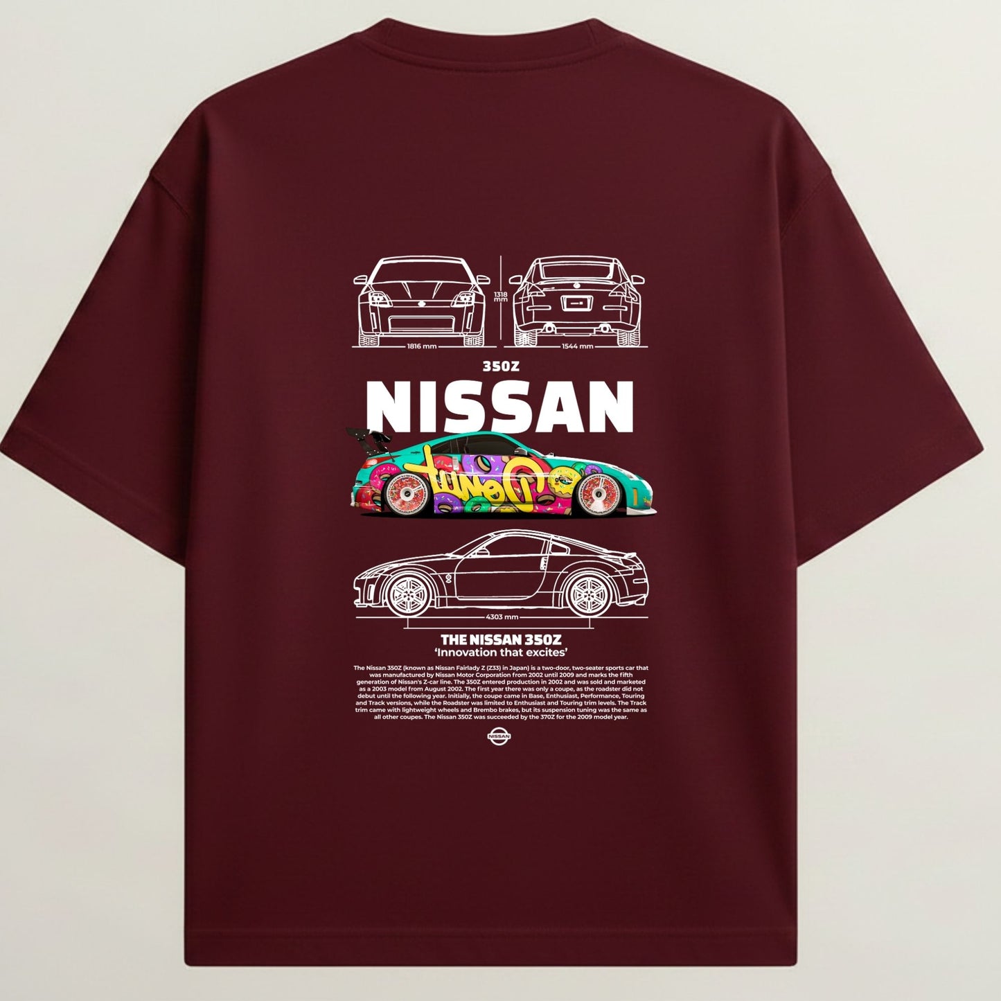 Nissan Turbo French Terry Oversized 5-Sleeve T-Shirt - Royal Maroon