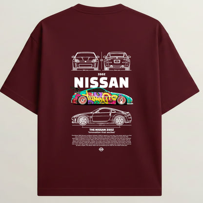 Nissan Turbo French Terry Oversized 5-Sleeve T-Shirt - Royal Maroon