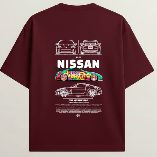 Nissan Turbo French Terry Oversized 5-Sleeve T-Shirt - Royal Maroon