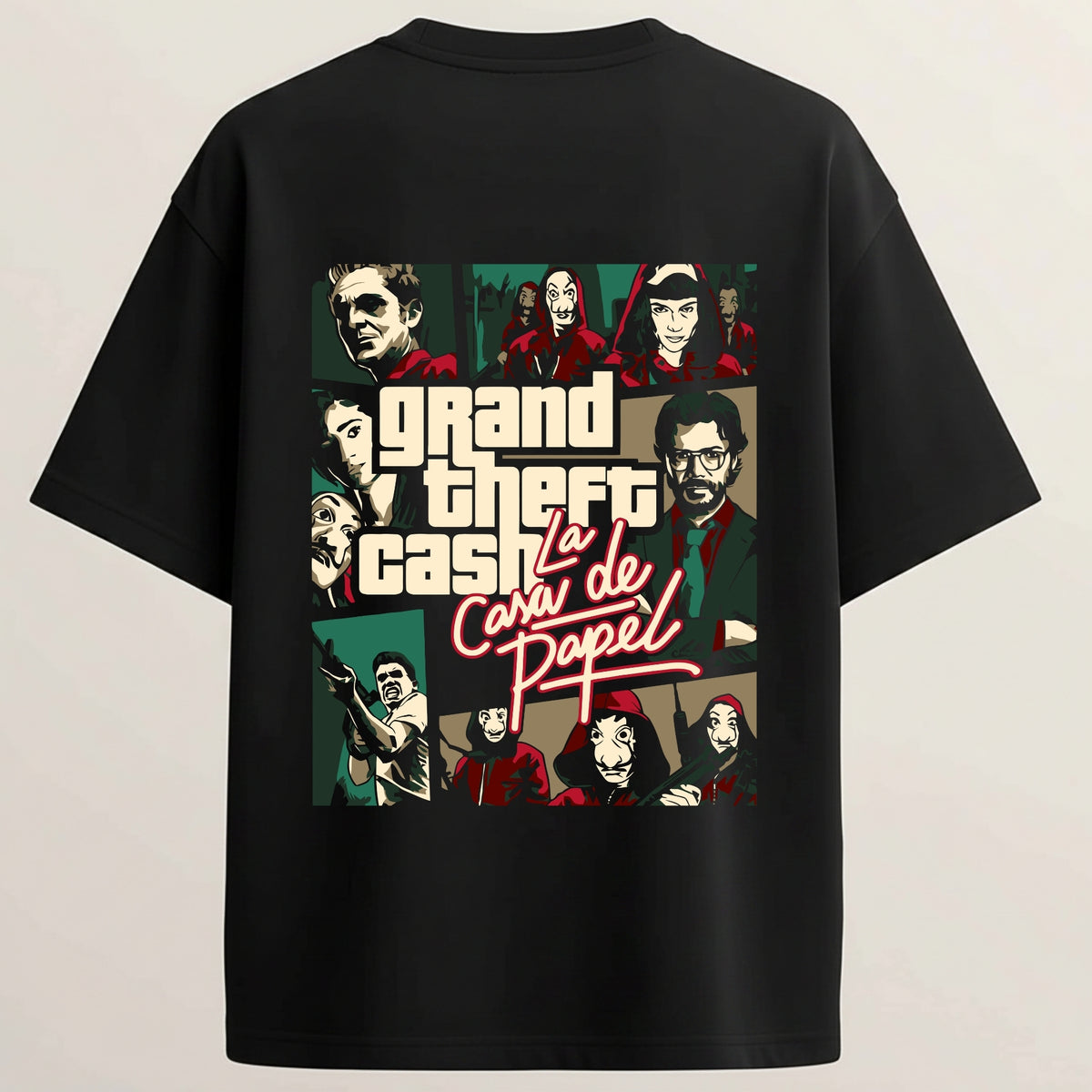 Money Heist French Terry Oversized 5-Sleeve T-Shirt  - Midnight Black