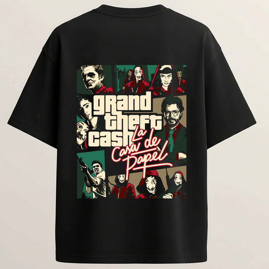 Money Heist French Terry Oversized 5-Sleeve T-Shirt  - Midnight Black