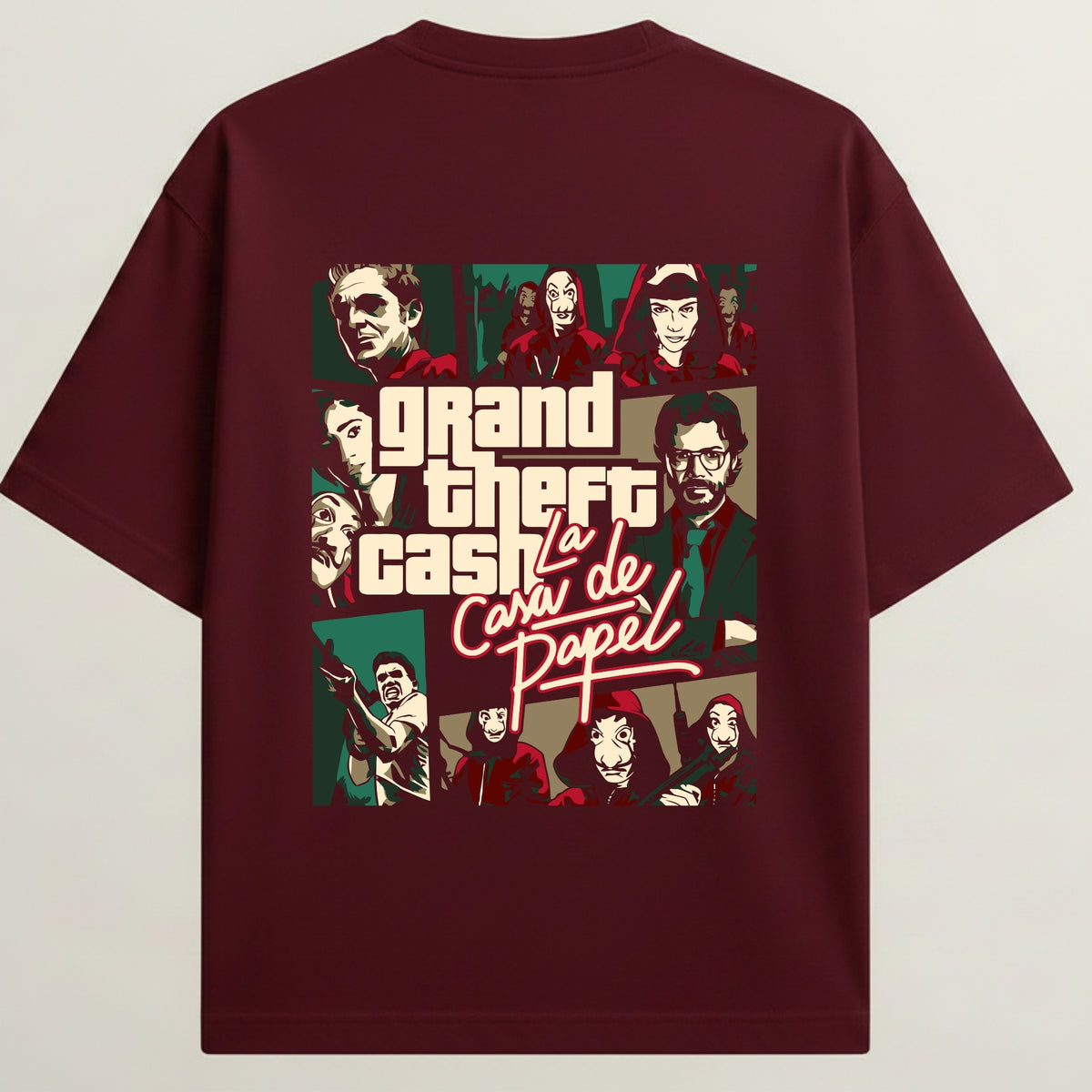Money Heist French Terry Oversized 5-Sleeve T-Shirt  - Royal Maroon