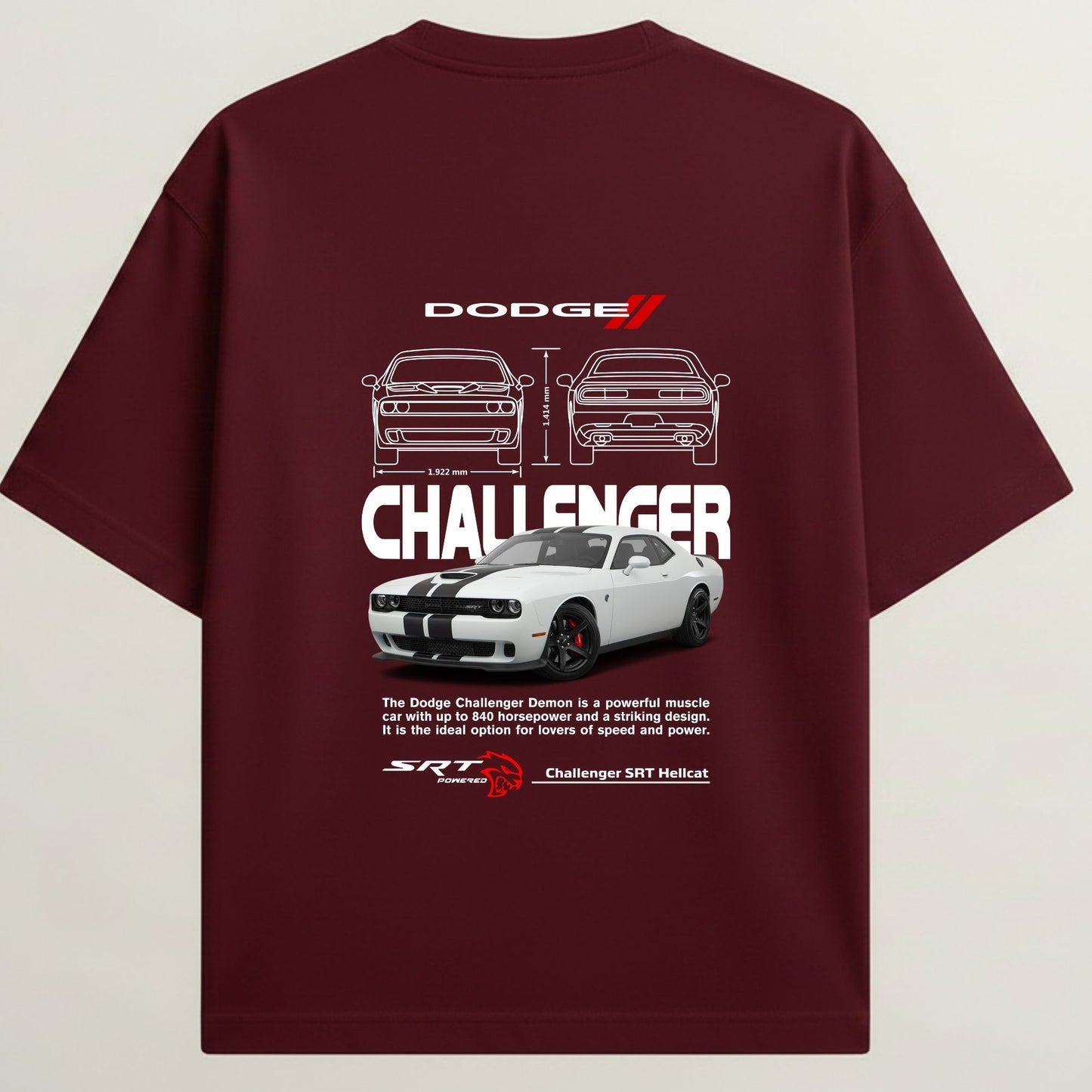 Dodge Challenger French Terry Oversized 5-Sleeve T-Shirt - Royal Maroon