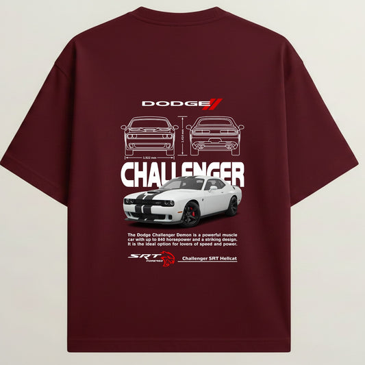 Dodge Challenger French Terry Oversized 5-Sleeve T-Shirt - Royal Maroon
