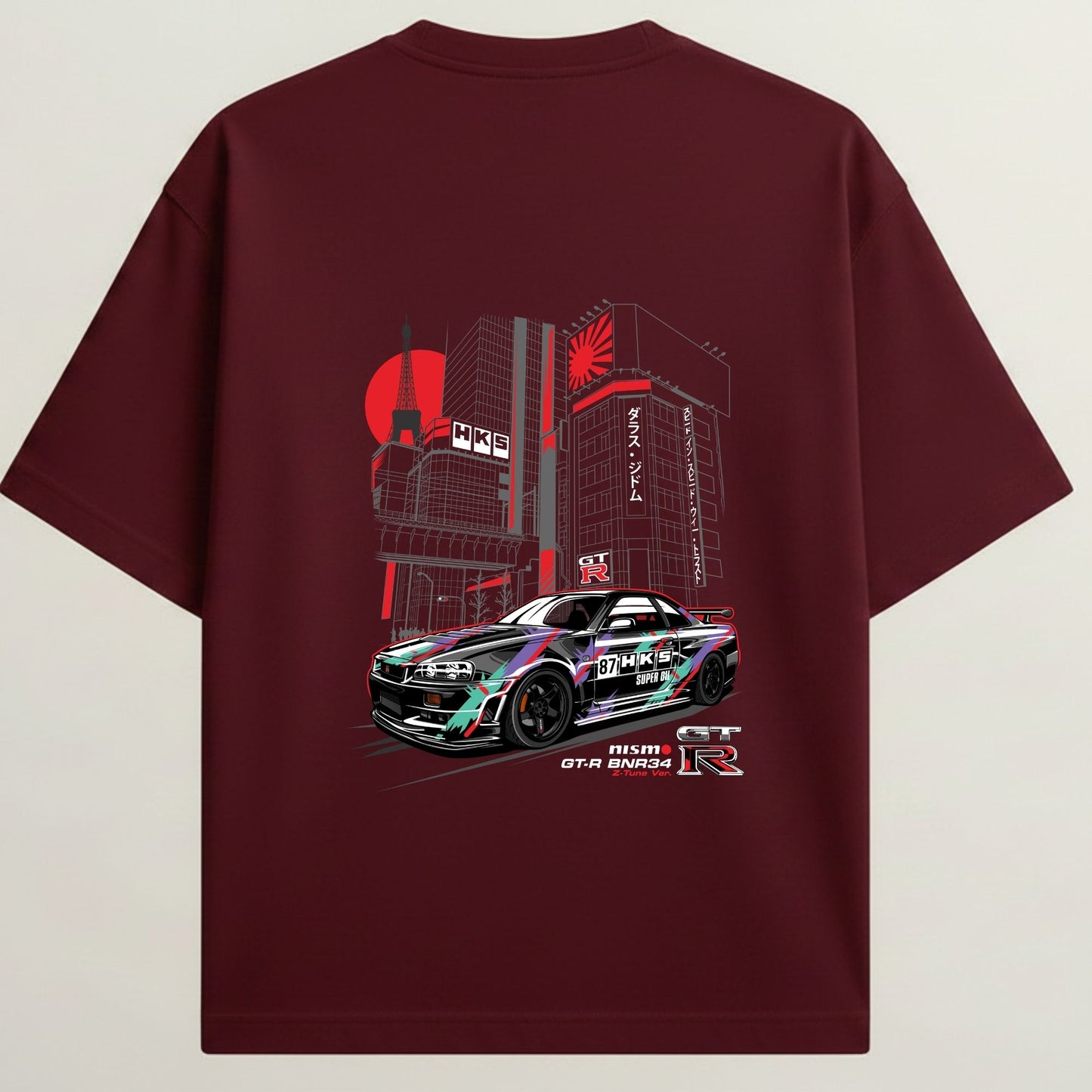 Nissan GTR French Terry Oversized 5-Sleeve T-Shirt - Royal Maroon