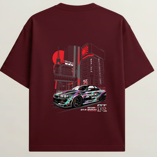 Nissan GTR French Terry Oversized 5-Sleeve T-Shirt - Royal Maroon