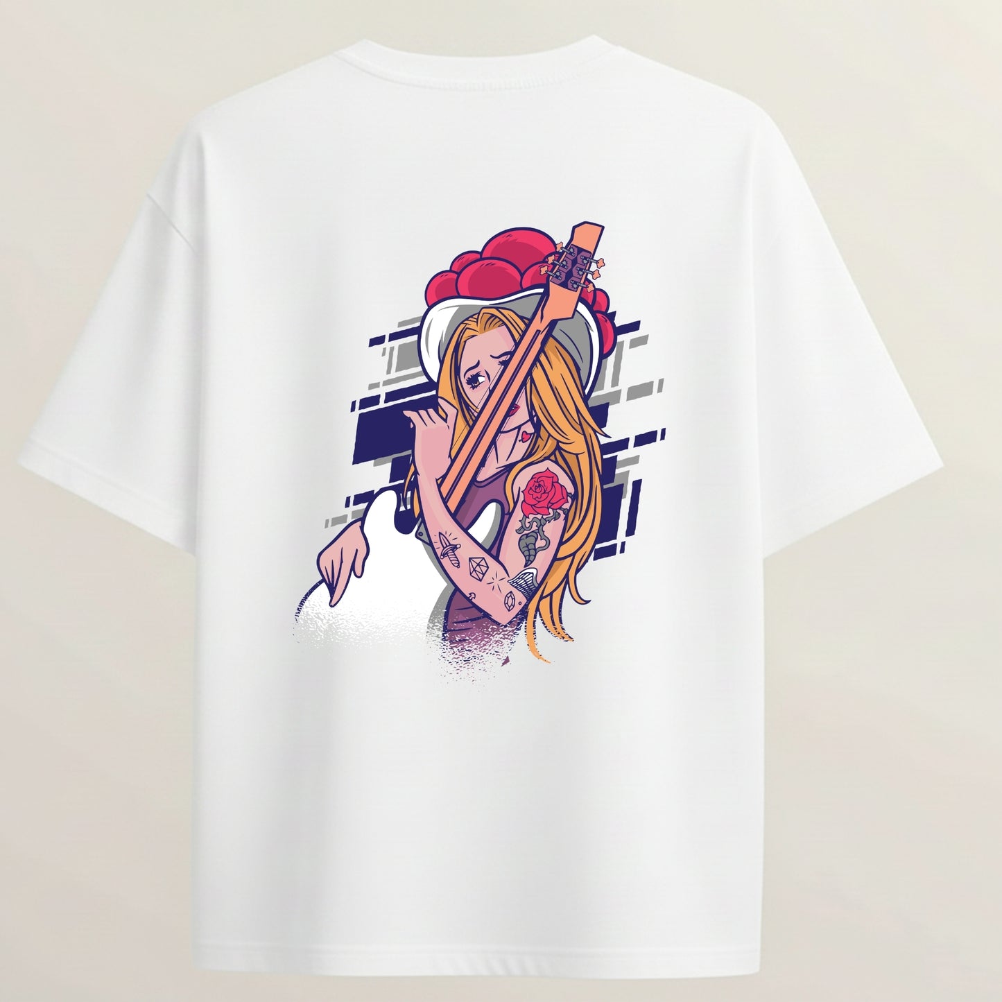 Guitar Model French Terry Oversized 5-Sleeve T-Shirt  -  White