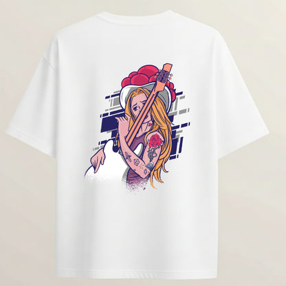 Guitar Model French Terry Oversized 5-Sleeve T-Shirt  -  White