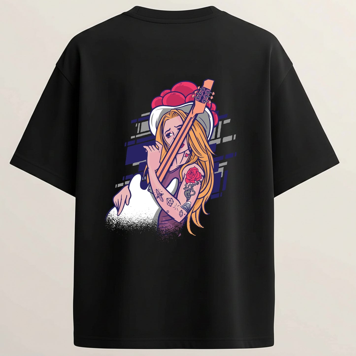Guitar Model French Terry Oversized 5-Sleeve T-Shirt  -  Midnight Black
