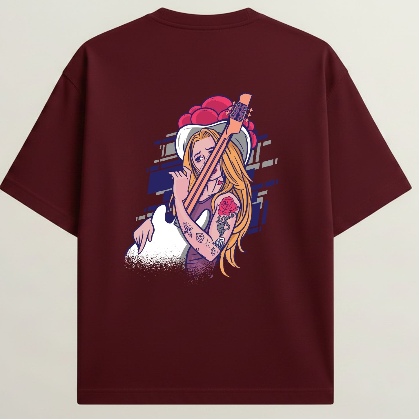 Guitar Model French Terry Oversized 5-Sleeve T-Shirt  -  Royal Maroon