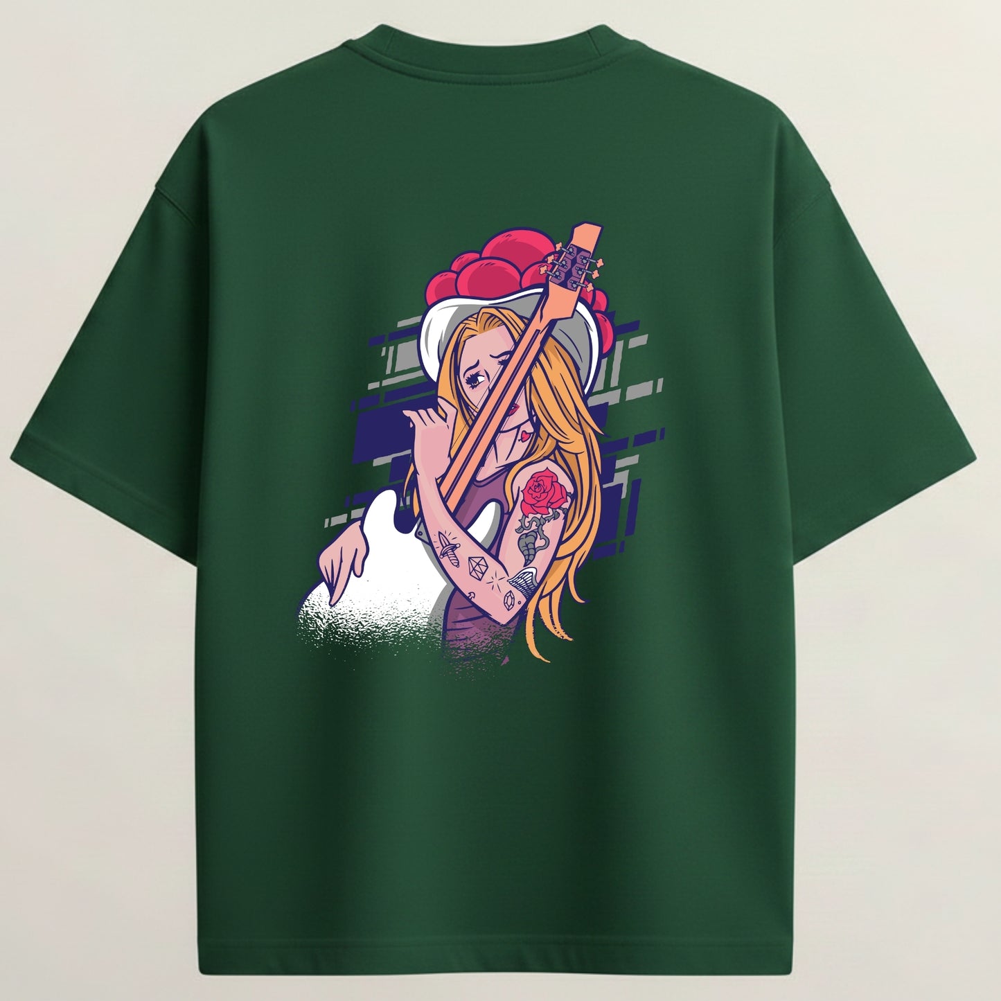 Guitar Model French Terry Oversized 5-Sleeve T-Shirt  -  Bottle Green
