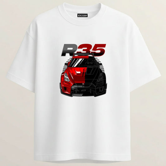GTR R35 French Terry Oversized 5-Sleeve T-Shirt  - White