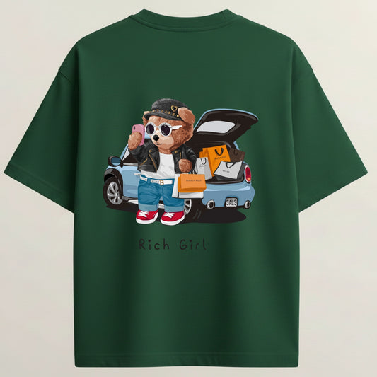 Teddy Bear French Terry Oversized 5-Sleeve T-Shirt  - Bottle Green