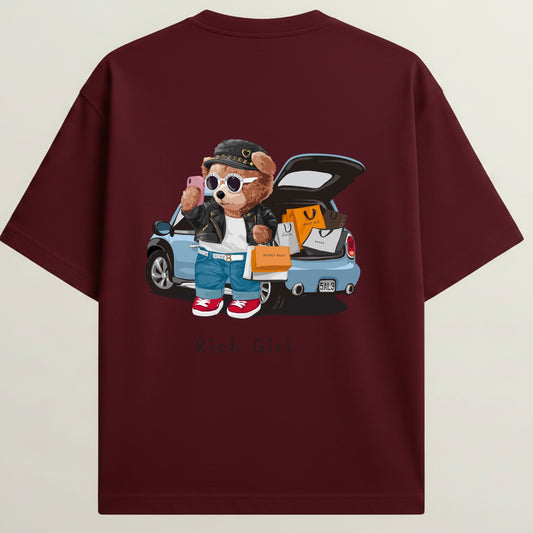 Teddy Bear French Terry Oversized 5-Sleeve T-Shirt  - Royal Maroon