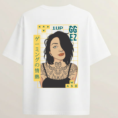 Tattoo Girl French Terry Oversized 5-Sleeve T-Shirt  - White