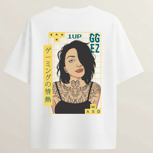 Tattoo Girl French Terry Oversized 5-Sleeve T-Shirt  - White