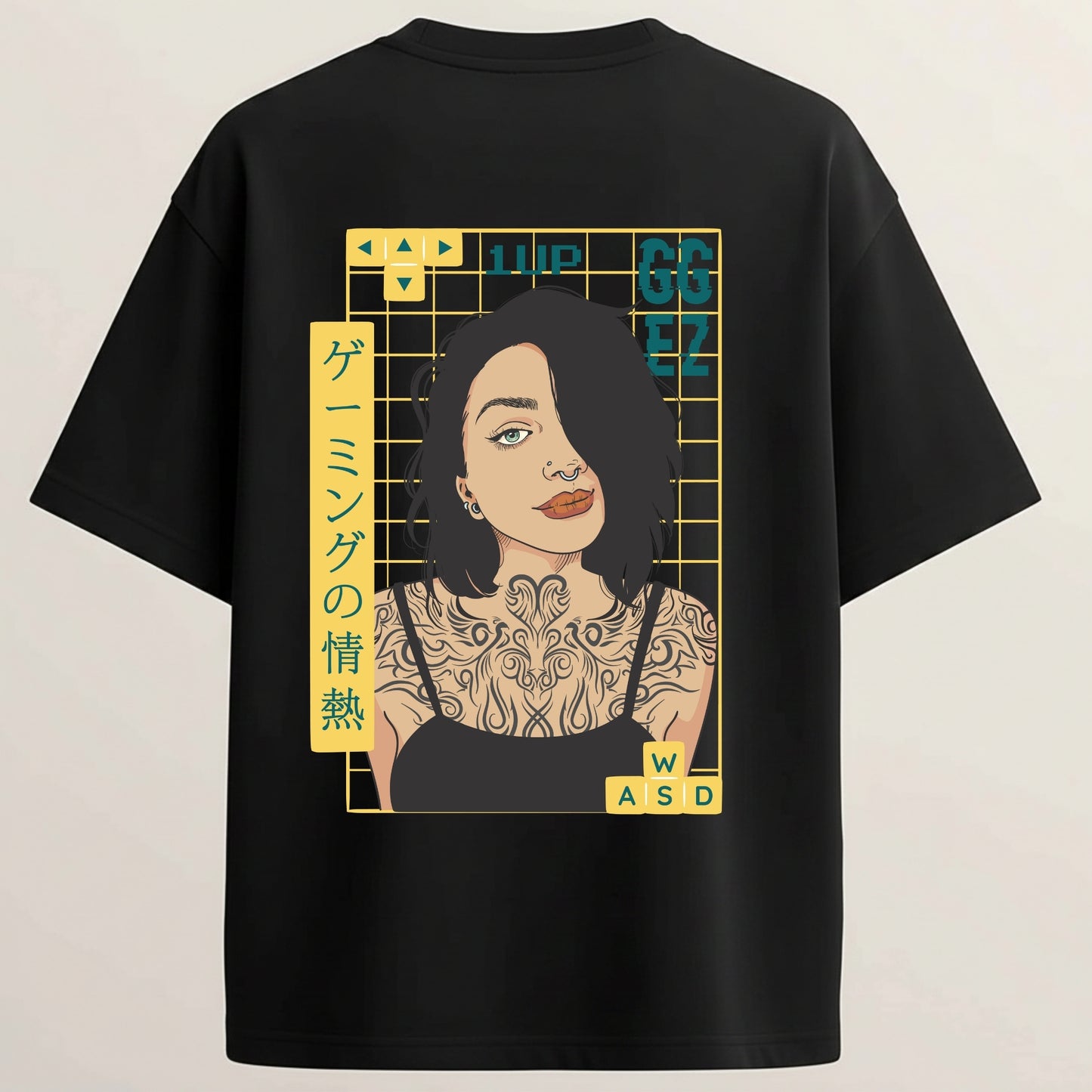 Tattoo Girl French Terry Oversized 5-Sleeve T-Shirt  - Midnight Black