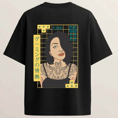 Tattoo Girl French Terry Oversized 5-Sleeve T-Shirt  - Midnight Black