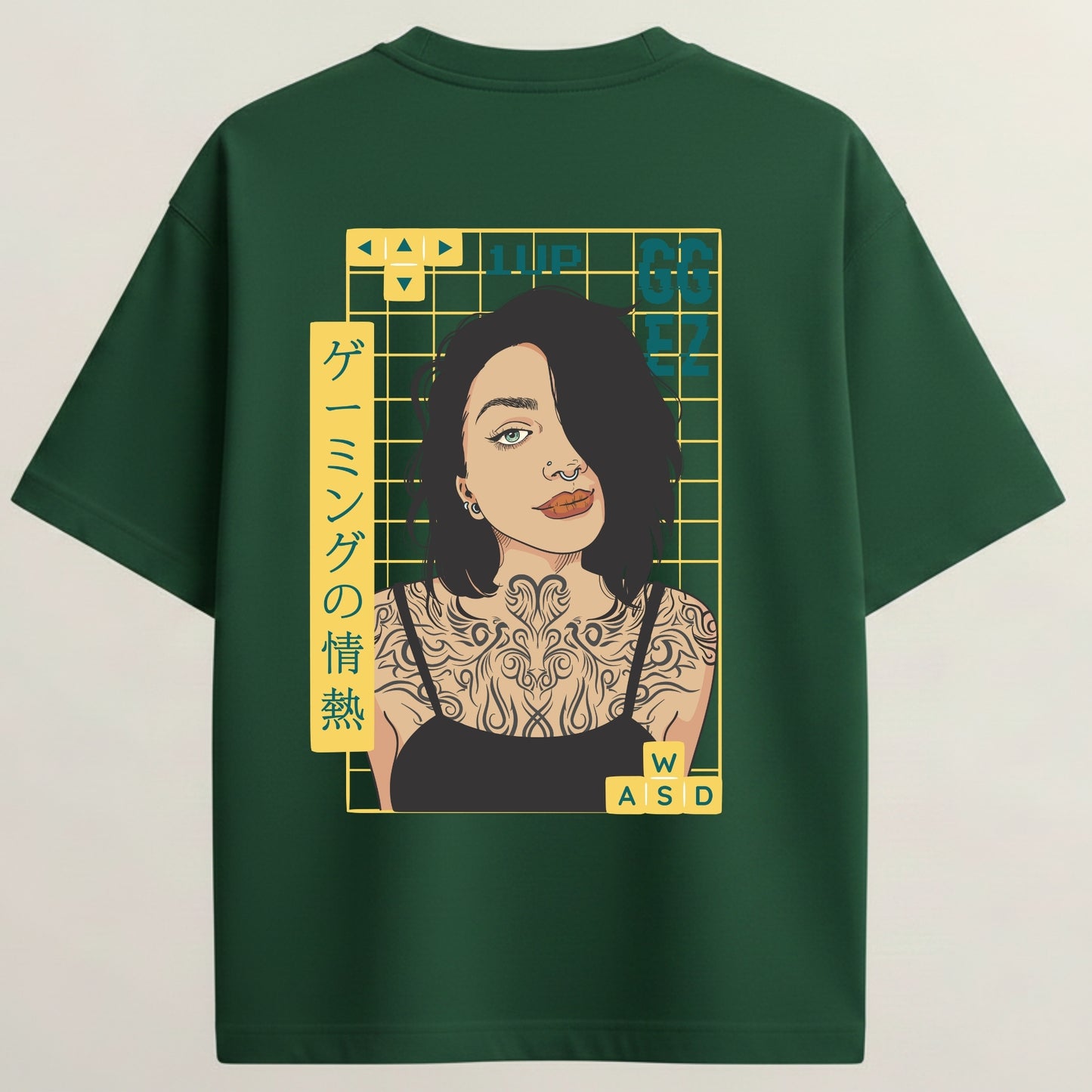 Tattoo Girl French Terry Oversized 5-Sleeve T-Shirt  - Bottle Green