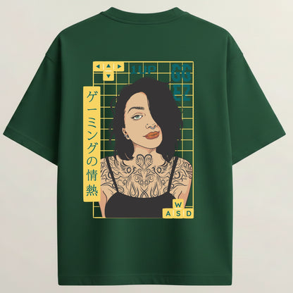 Tattoo Girl French Terry Oversized 5-Sleeve T-Shirt  - Bottle Green