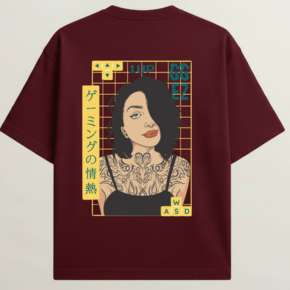 Tattoo Girl French Terry Oversized 5-Sleeve T-Shirt  - Royal Maroon