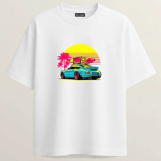 Porsche 911 French Terry Oversized 5-Sleeve T-Shirt  - White