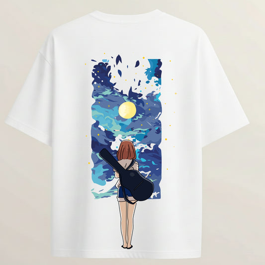 Moonlight Girl French Terry Oversized 5-Sleeve T-Shirt  - White
