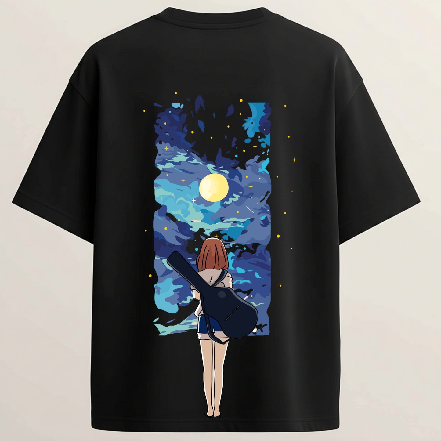Moonlight Girl French Terry Oversized 5-Sleeve T-Shirt  - Midnight Black