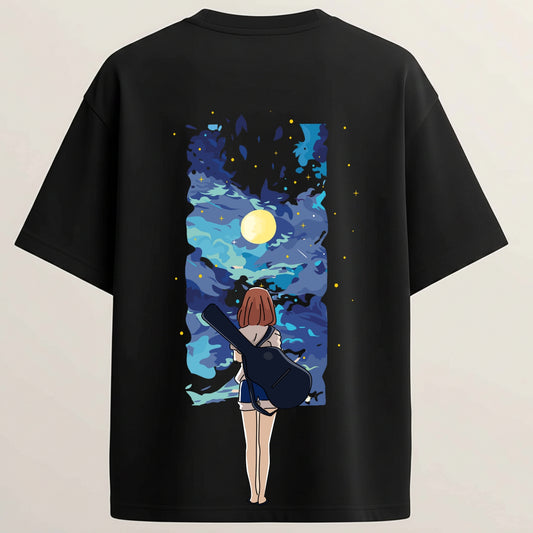Moonlight Girl French Terry Oversized 5-Sleeve T-Shirt  - Midnight Black