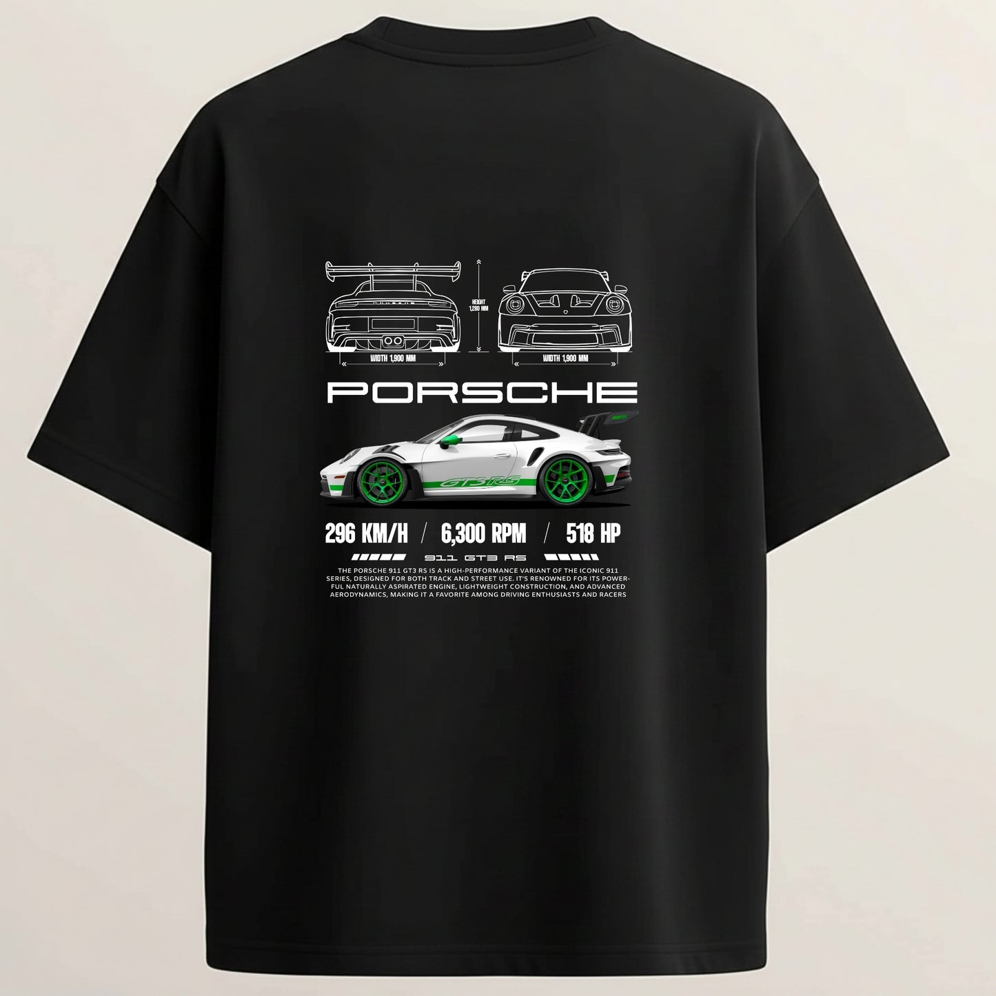 Porsche 911 French Terry Oversized 5-Sleeve T-Shirt  - Midnight Black