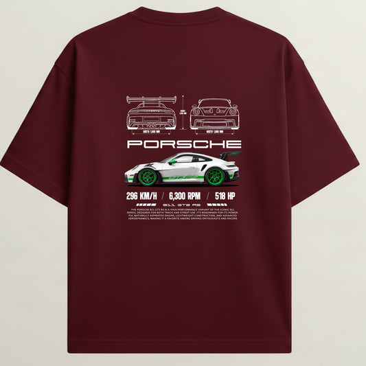 Porsche 911 French Terry Oversized 5-Sleeve T-Shirt  - Royal Maroon