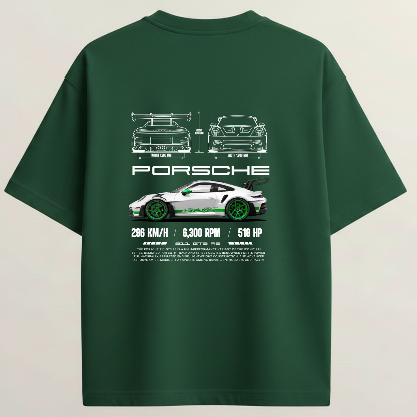 Porsche 911 French Terry Oversized 5-Sleeve T-Shirt  - Bottle Green