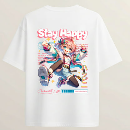 Energy Girl Anime French Terry Oversized 5-Sleeve T-Shirt  - White