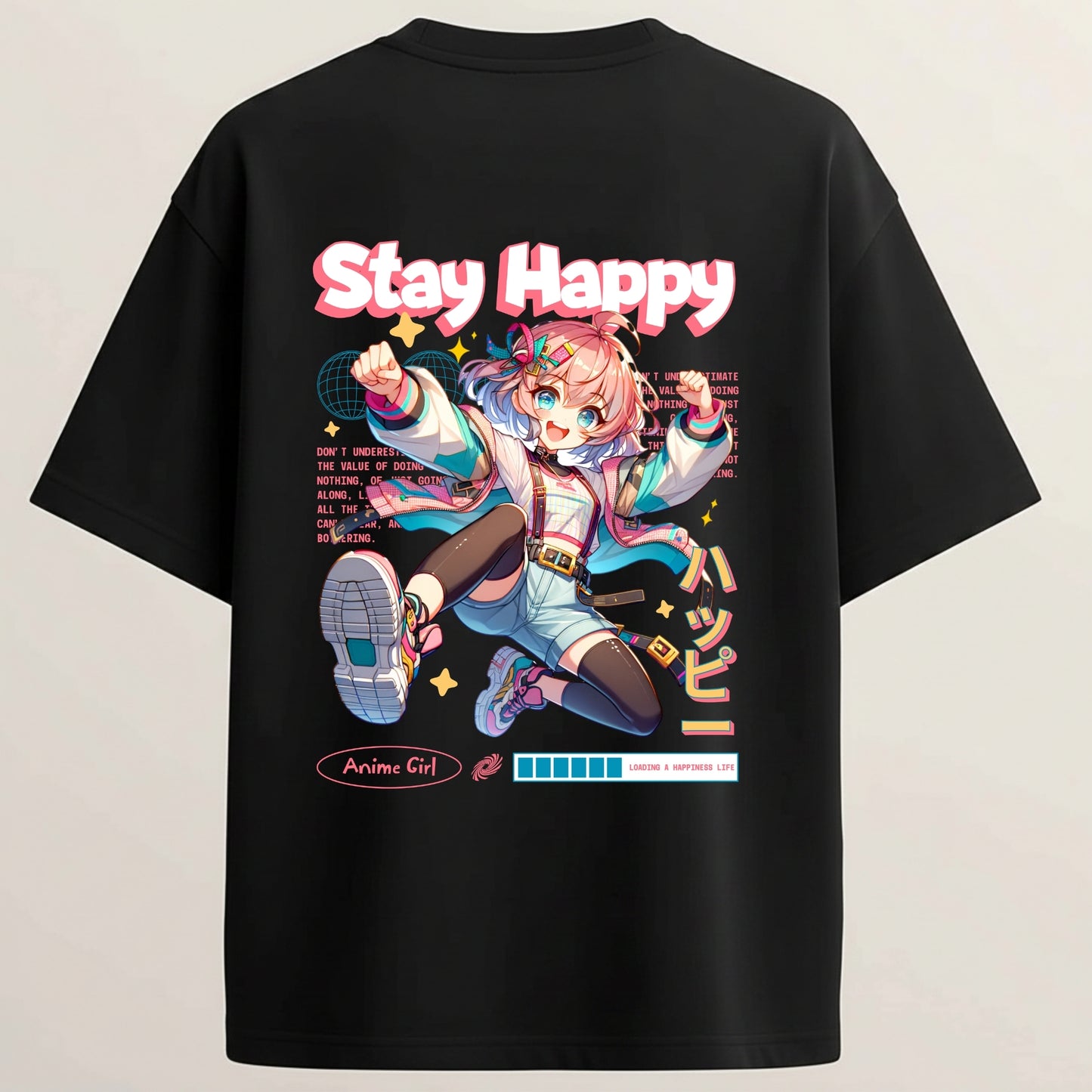Energy Girl Anime French Terry Oversized 5-Sleeve T-Shirt  - Midnight Black